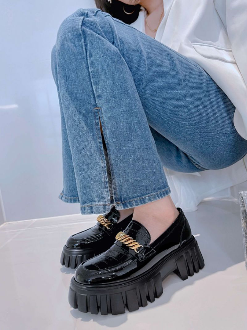 Mia Dames Leren Platform Schoenen - Zwart