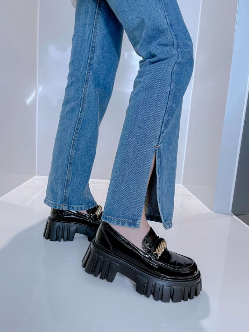 Mia Dames Leren Platform Schoenen - Zwart