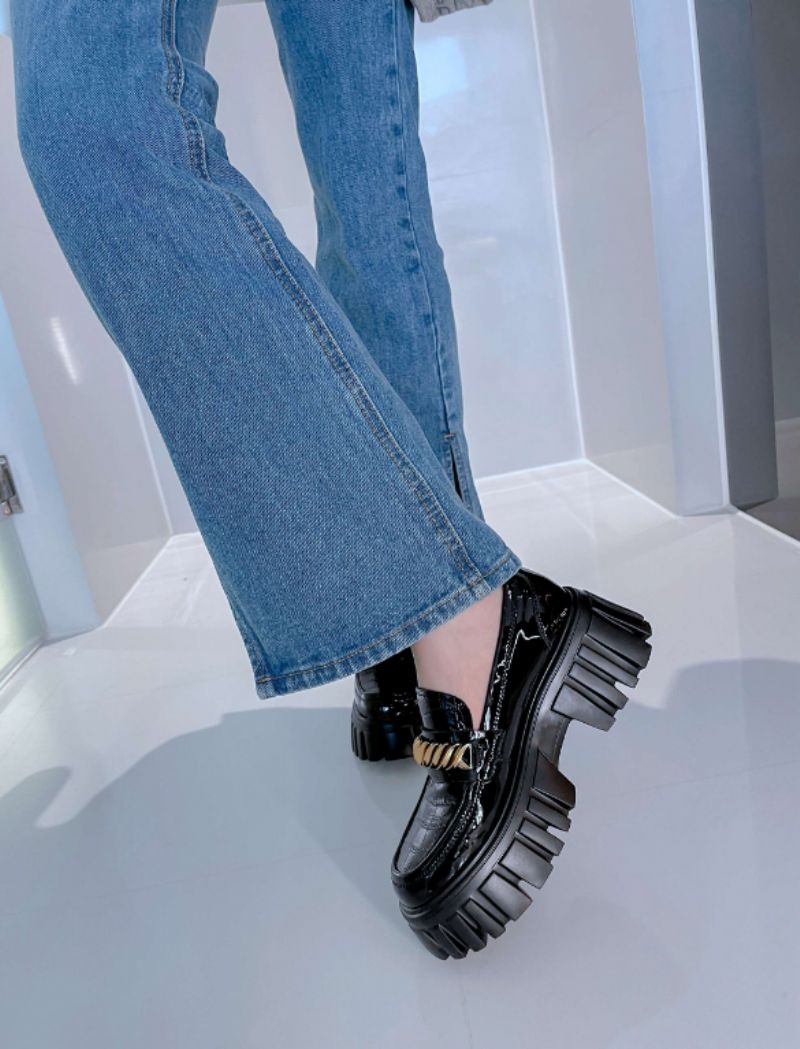 Mia Dames Leren Platform Schoenen - Zwart