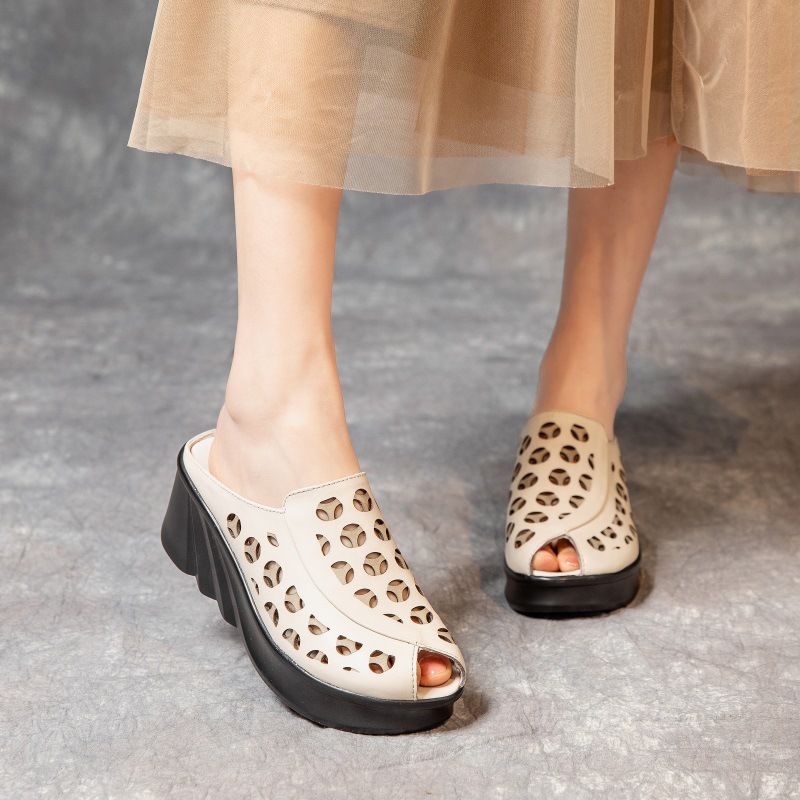 Nahir Dames Peep Toe Wedge Sandalen - Beige