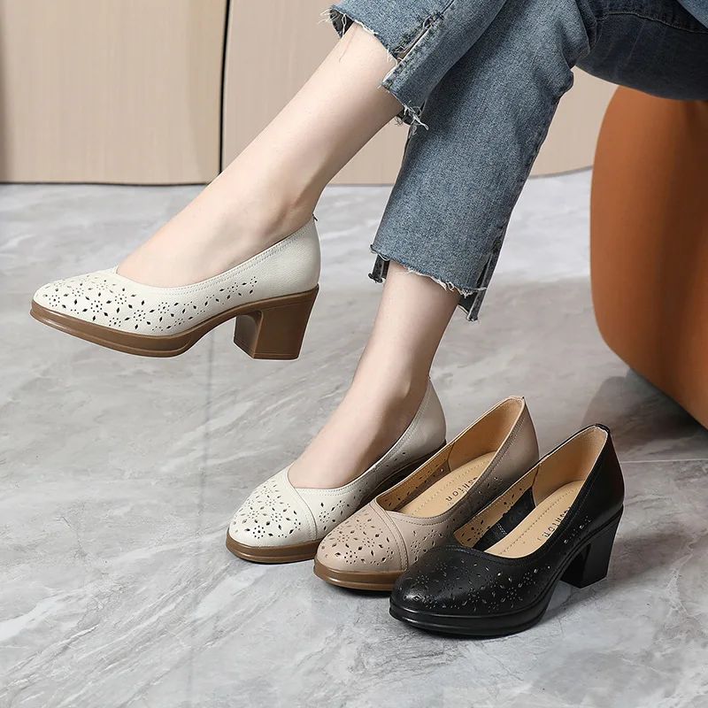 Nair Dames Leren Vierkante Hak Pumps - Zwart