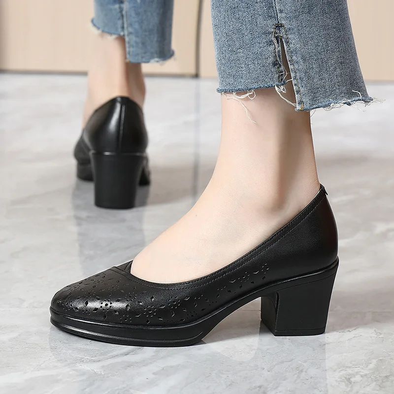 Nair Dames Leren Vierkante Hak Pumps - Zwart