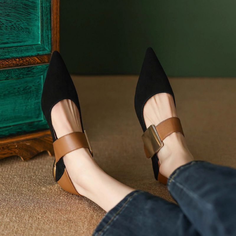 Naybi Dames Puntige Teen Platte Schoenen - Zwart Suède