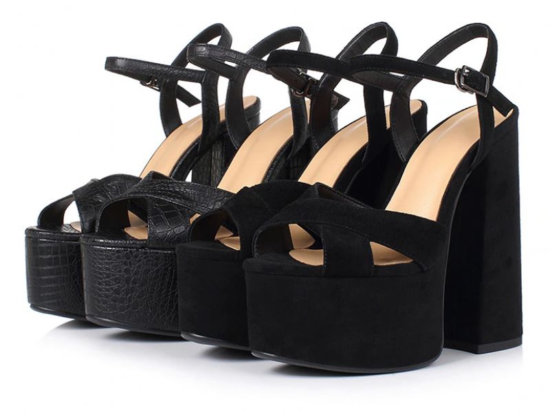 Nickol Dames Leren Platform Sandaal - Zwart koeienleer