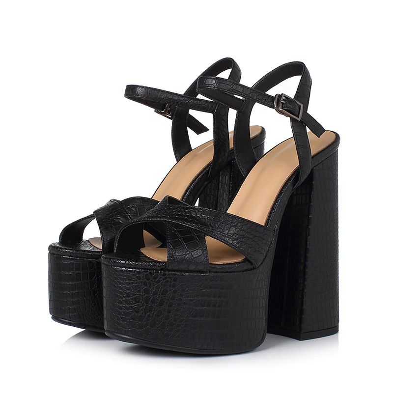 Nickol Dames Leren Platform Sandaal - Zwart koeienleer
