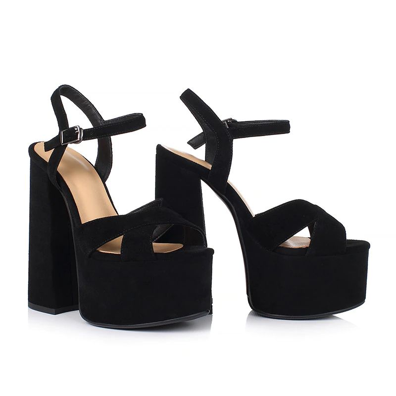 Nickol Dames Leren Platform Sandaal - Zwart koeienleer