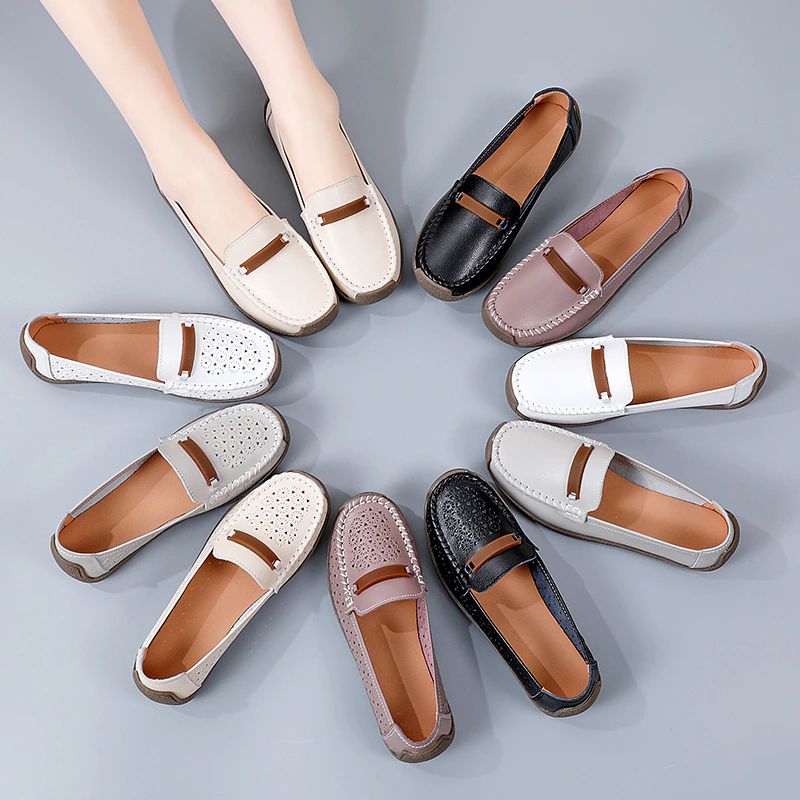 Nicolina Dames Ademende Leren Loafer Zwarte Schoenen - Zwart Hol