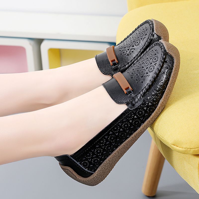 Nicolina Dames Ademende Leren Loafer Zwarte Schoenen - Zwart Hol