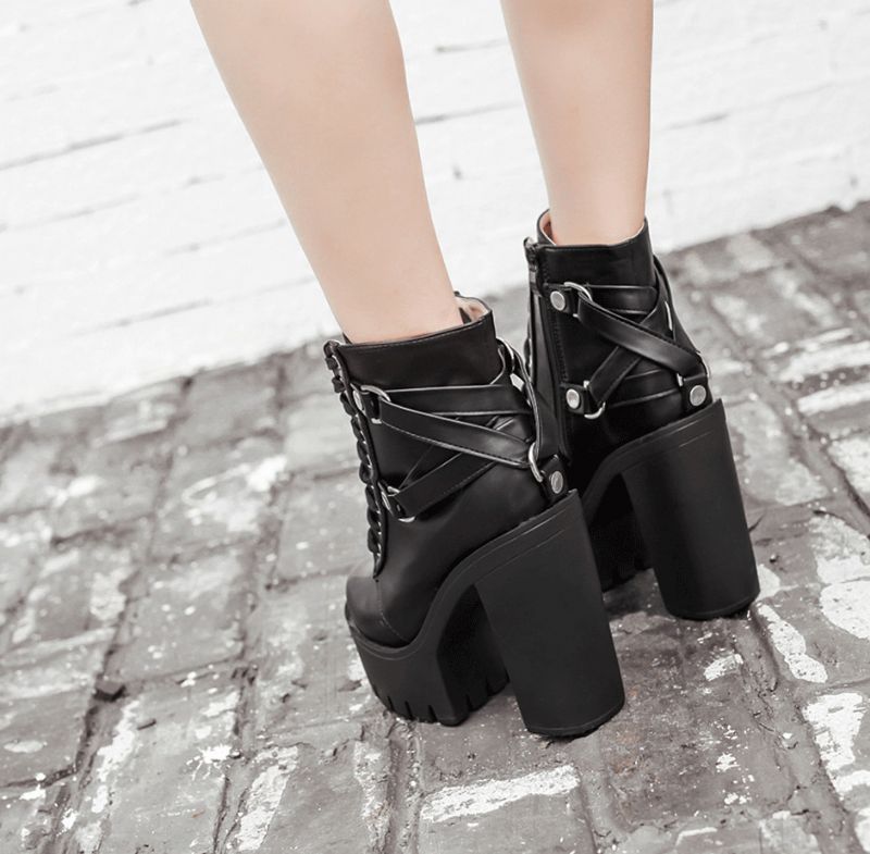 Nix Dames Veter Zachte Leren Platform Laarzen - Zwart