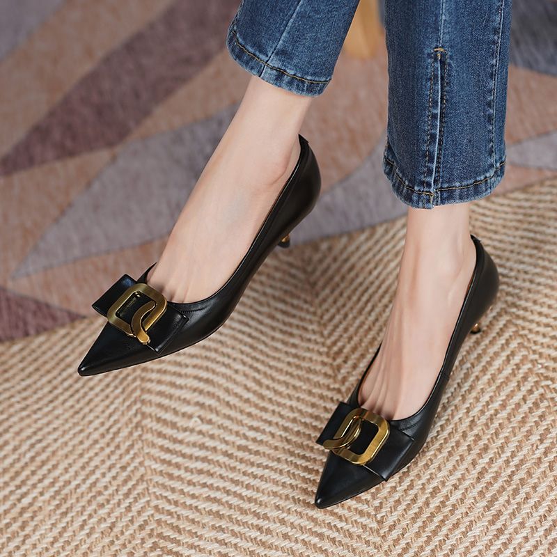 Olga Dames Leren Puntige Neus Pumps - Zwart