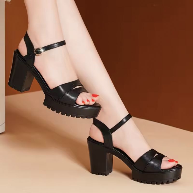 Olivia Dames Vierkante Hakken Sandalen - Zwart