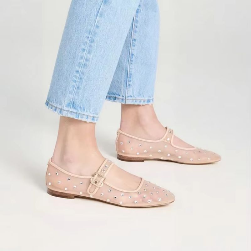Oralia Dames Strass Ballet Platte Schoenen - Beige