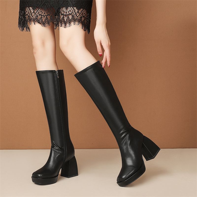 Oriana Dames Lange Herfst Laarzen - Zwart Leer