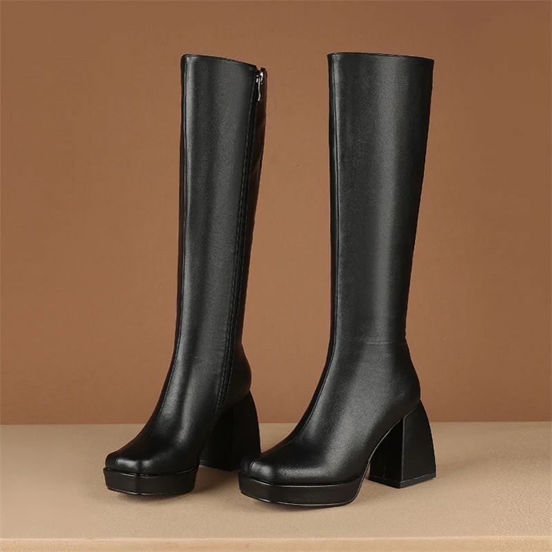 Oriana Dames Lange Herfst Laarzen - Zwart Leer