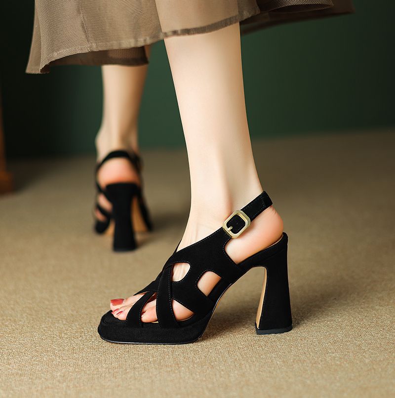 Oriana Dames Leren Hoge Hak Platform Sandalen - Zwart