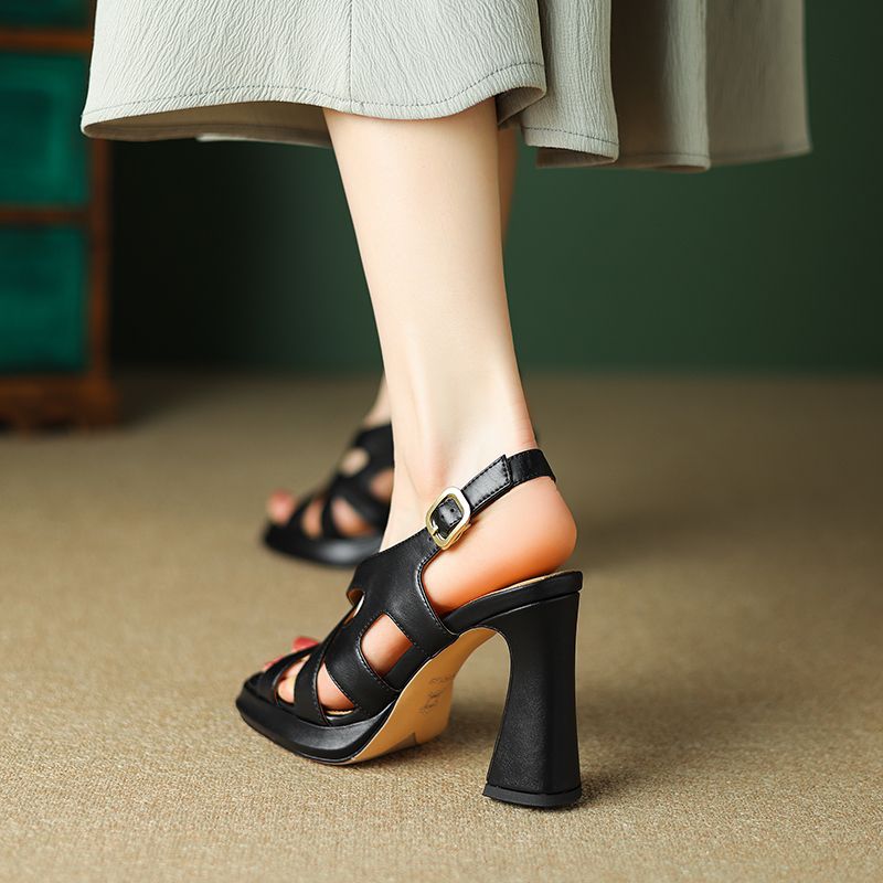 Oriana Dames Leren Hoge Hak Platform Sandalen - Zwart