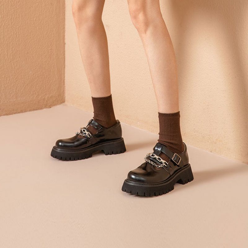 Oz Dames Leren Platform Schoenen - Zwart