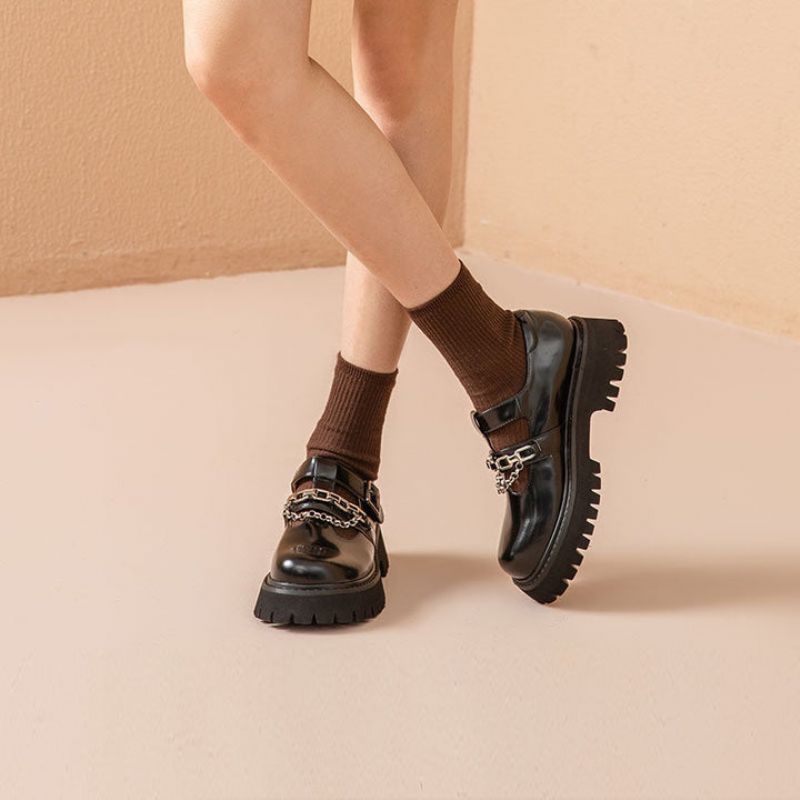 Oz Dames Leren Platform Schoenen - Zwart