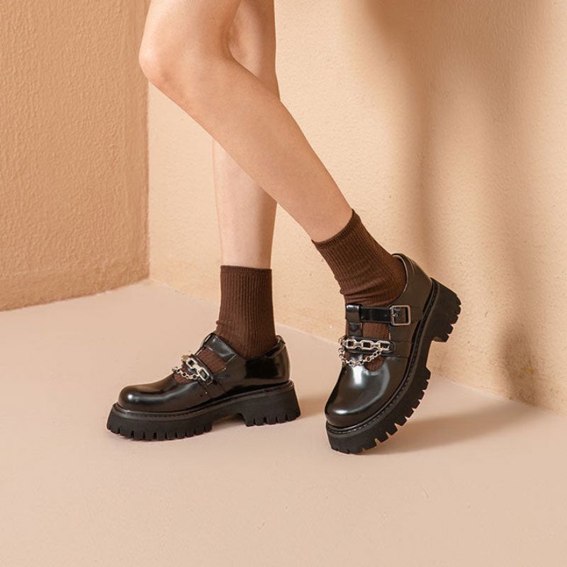 Oz Dames Leren Platform Schoenen - Zwart