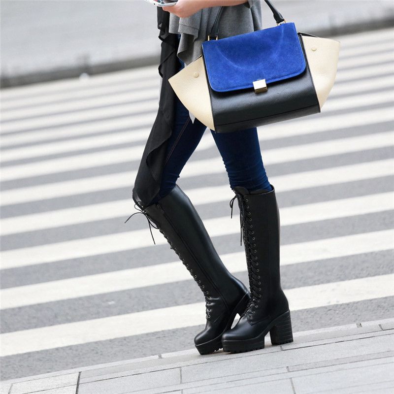 Perla Dames Veter Platform Laarzen - Zwart