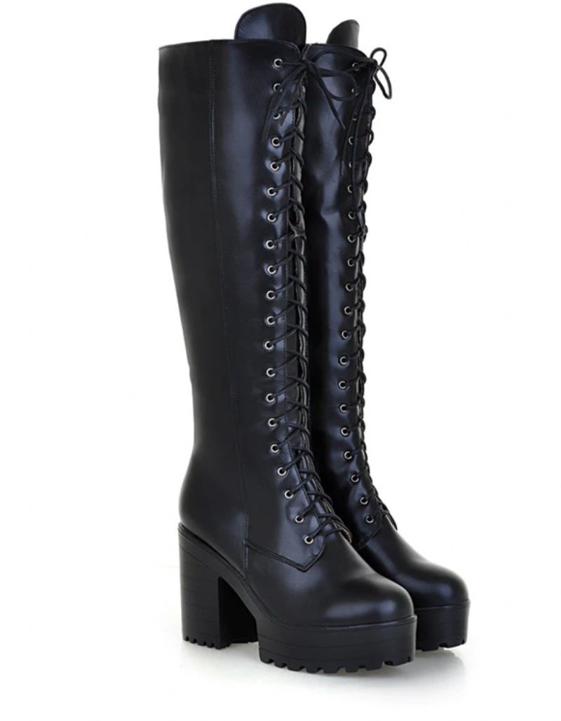 Perla Dames Veter Platform Laarzen - Zwart