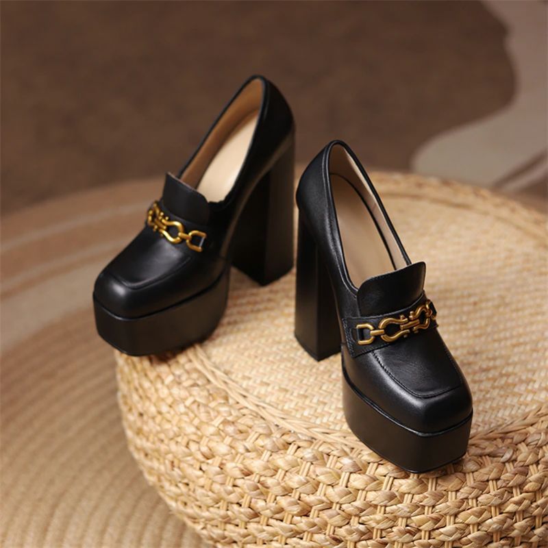 Pilar Dames Platform Leren Pump Zwarte Schoenen - Zwart