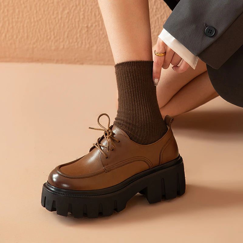 Pinto Dames Leren Platform Schoenen - Koffie