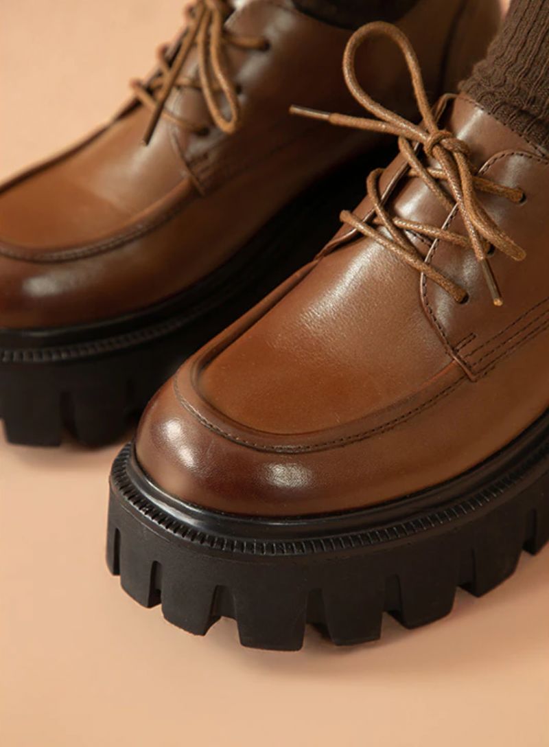 Pinto Dames Leren Platform Schoenen - Koffie