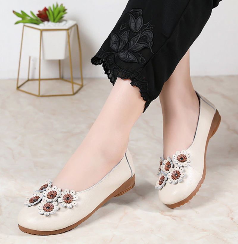 Polonia Dames Comfortabele Leren Platte Schoenen - Beige