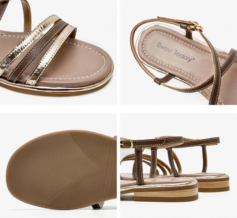 Polonia Leren Gladiator Platte Sandaal Voor Dames - Koffie