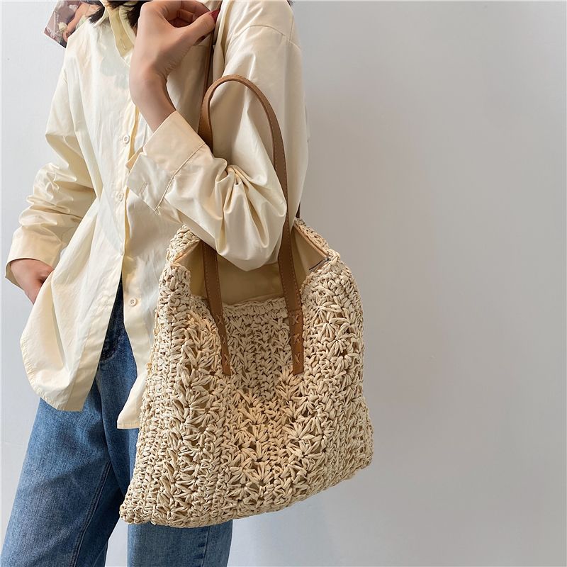 Porte Dames Stro Geweven Schouder Handtas - Beige