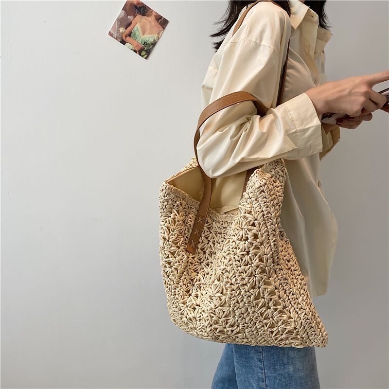 Porte Dames Stro Geweven Schouder Handtas - Beige