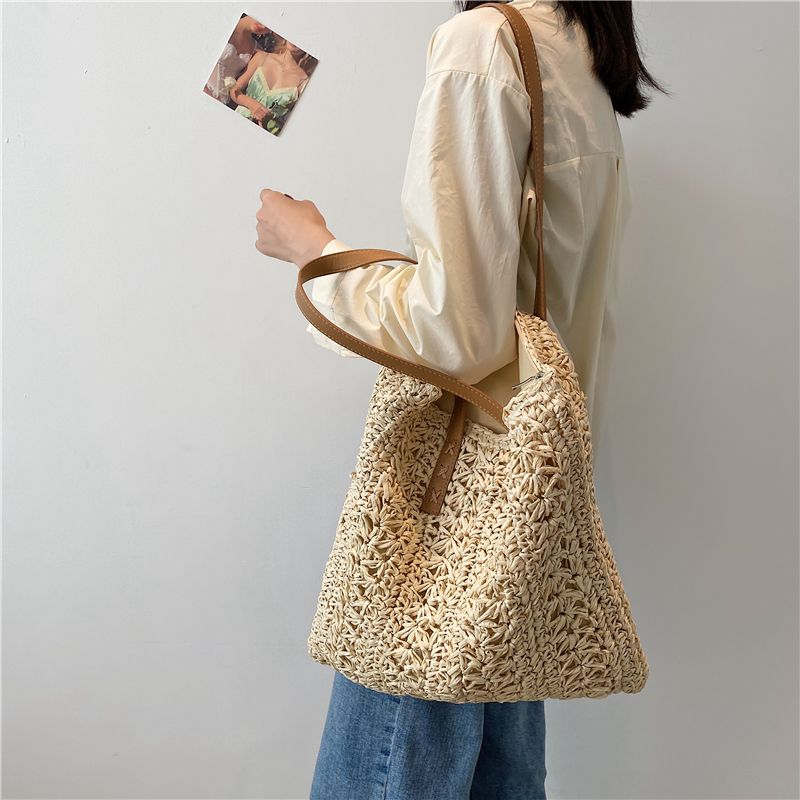 Porte Dames Stro Geweven Schouder Handtas - Beige