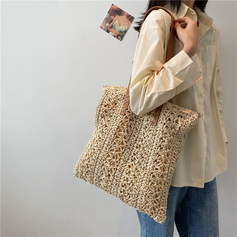 Porte Dames Stro Geweven Schouder Handtas - Beige