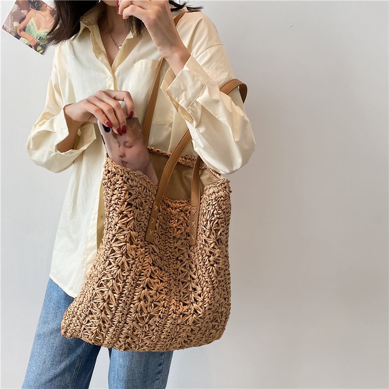 Porte Dames Stro Geweven Schouder Handtas - Beige