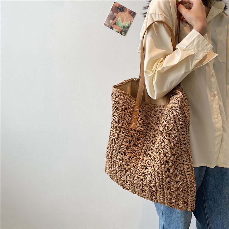 Porte Dames Stro Geweven Schouder Handtas - Beige