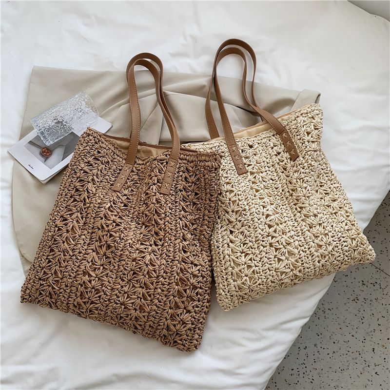 Porte Dames Stro Geweven Schouder Handtas - Beige