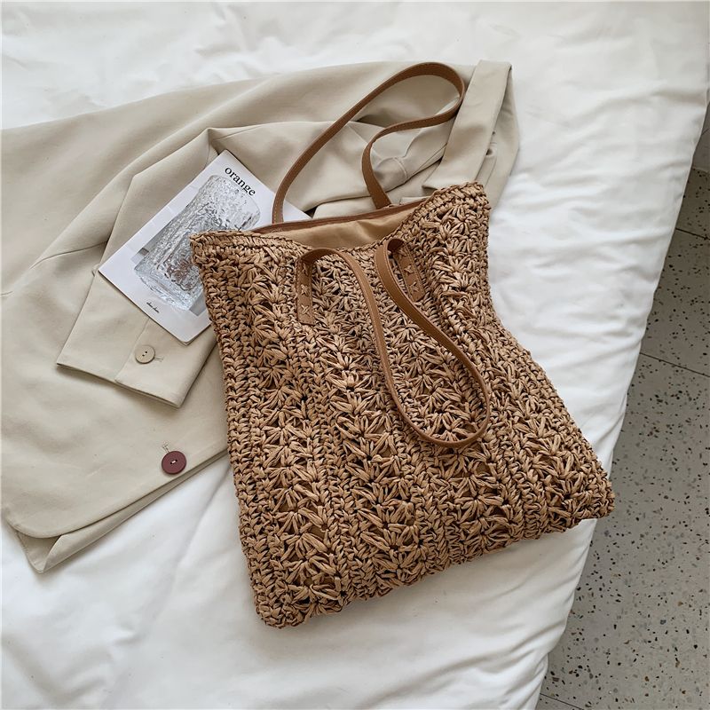 Porte Dames Stro Geweven Schouder Handtas - Beige