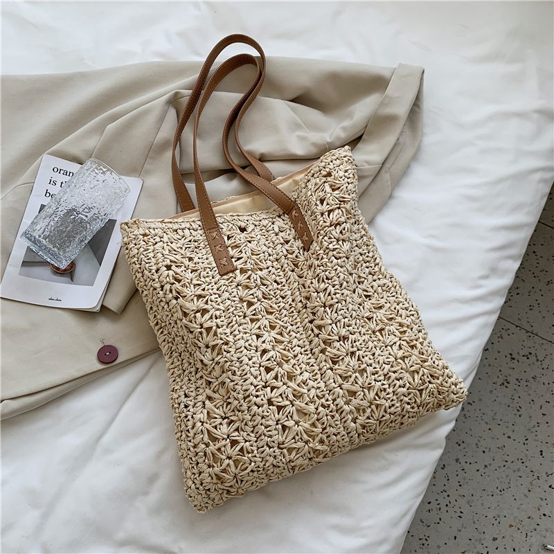 Porte Dames Stro Geweven Schouder Handtas - Beige