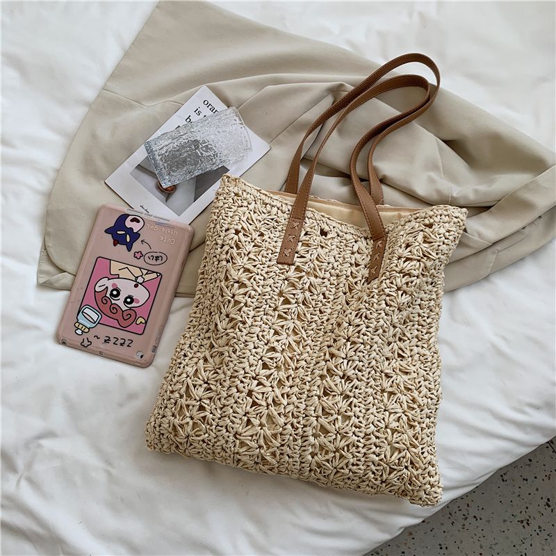 Porte Dames Stro Geweven Schouder Handtas - Beige