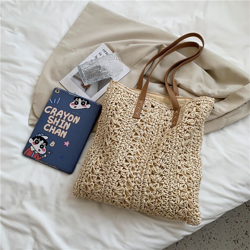 Porte Dames Stro Geweven Schouder Handtas - Beige
