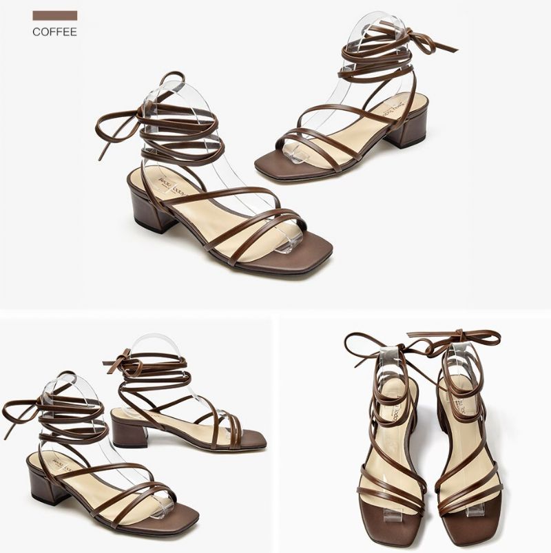 Reina Vintage Leren Sandalen Met Vierkante Neus Voor Dames - Koffie