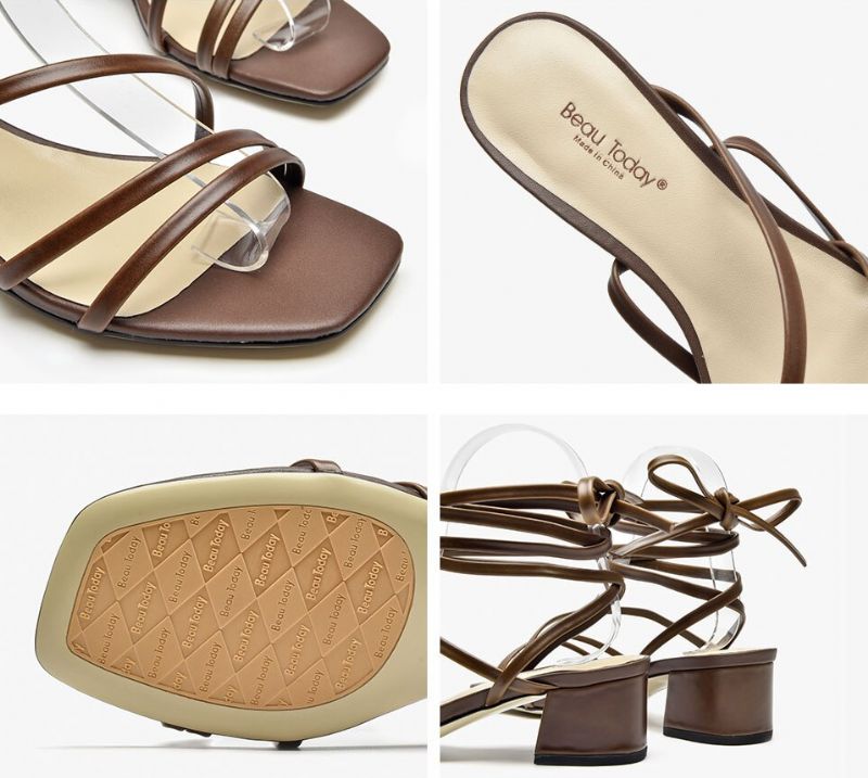 Reina Vintage Leren Sandalen Met Vierkante Neus Voor Dames - Koffie