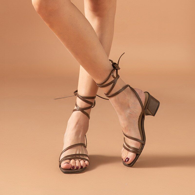 Reina Vintage Leren Sandalen Met Vierkante Neus Voor Dames - Koffie