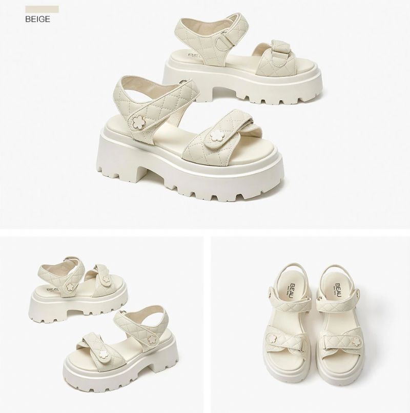 Rina Dames Leren Platform Sandaal - Beige