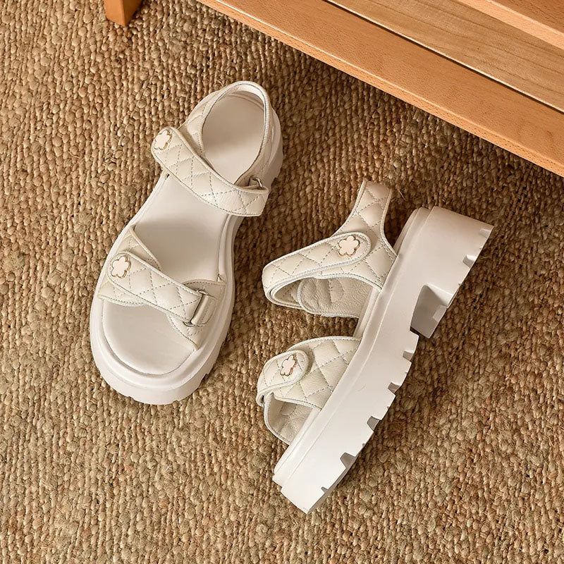 Rina Dames Leren Platform Sandaal - Beige