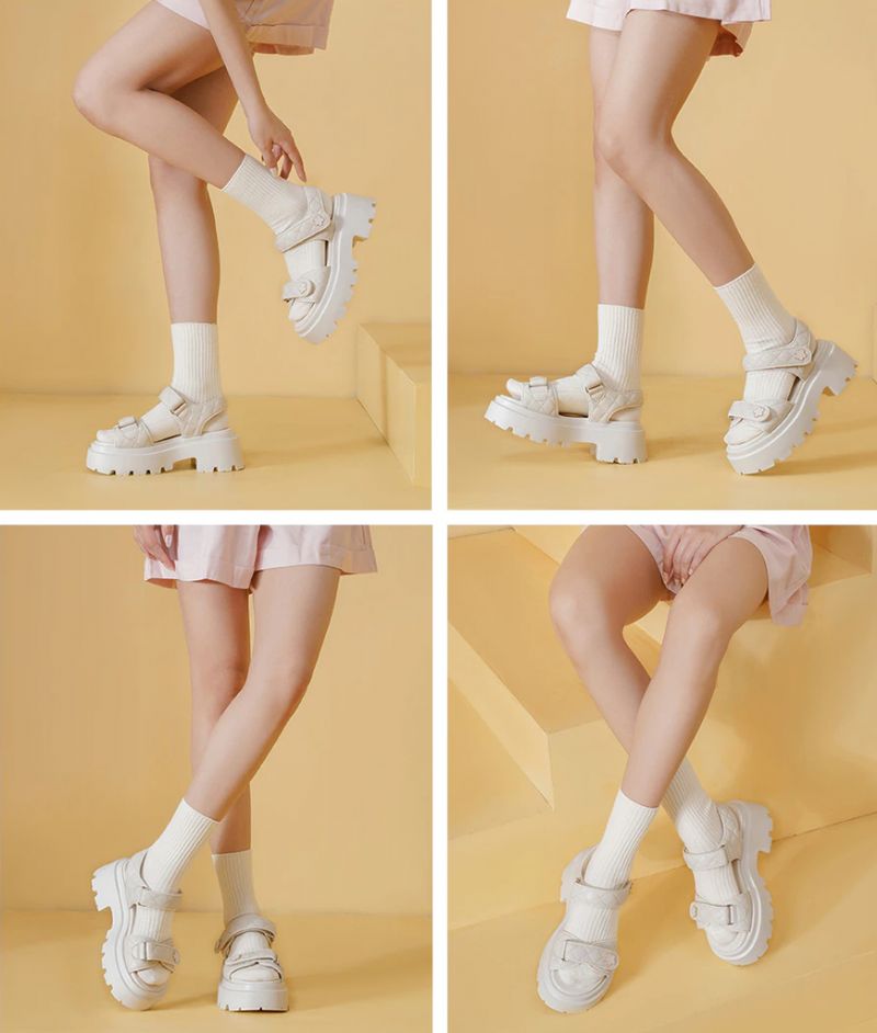 Rina Dames Leren Platform Sandaal - Beige