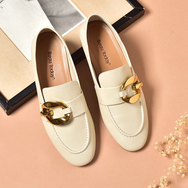 Rinaldi Dames Platte Leren Loafer Schoenen - Beige
