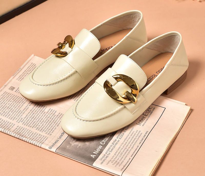 Rinaldi Dames Platte Leren Loafer Schoenen - Beige