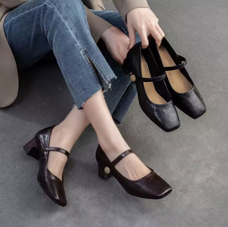 Rosa Dames Vierkante Teen Leren Pumps - Bruin
